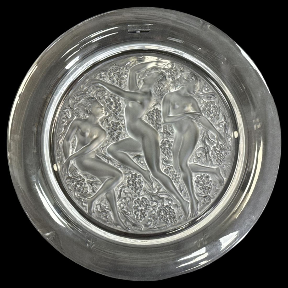 Lalique France Clear & Frosted Crystal Bacchantes Charger: Lalique France Clear & Frosted Crystal Bacchantes Charger measures DIA: 15 3/4". Has original label on bottom