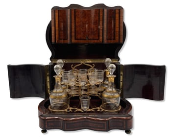 Antique French Inlaid Baccarat? Gilt Etched Tantalus Set