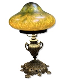 Rare Signed Quezal Iridescent Shade with Brass Filigree Lamp