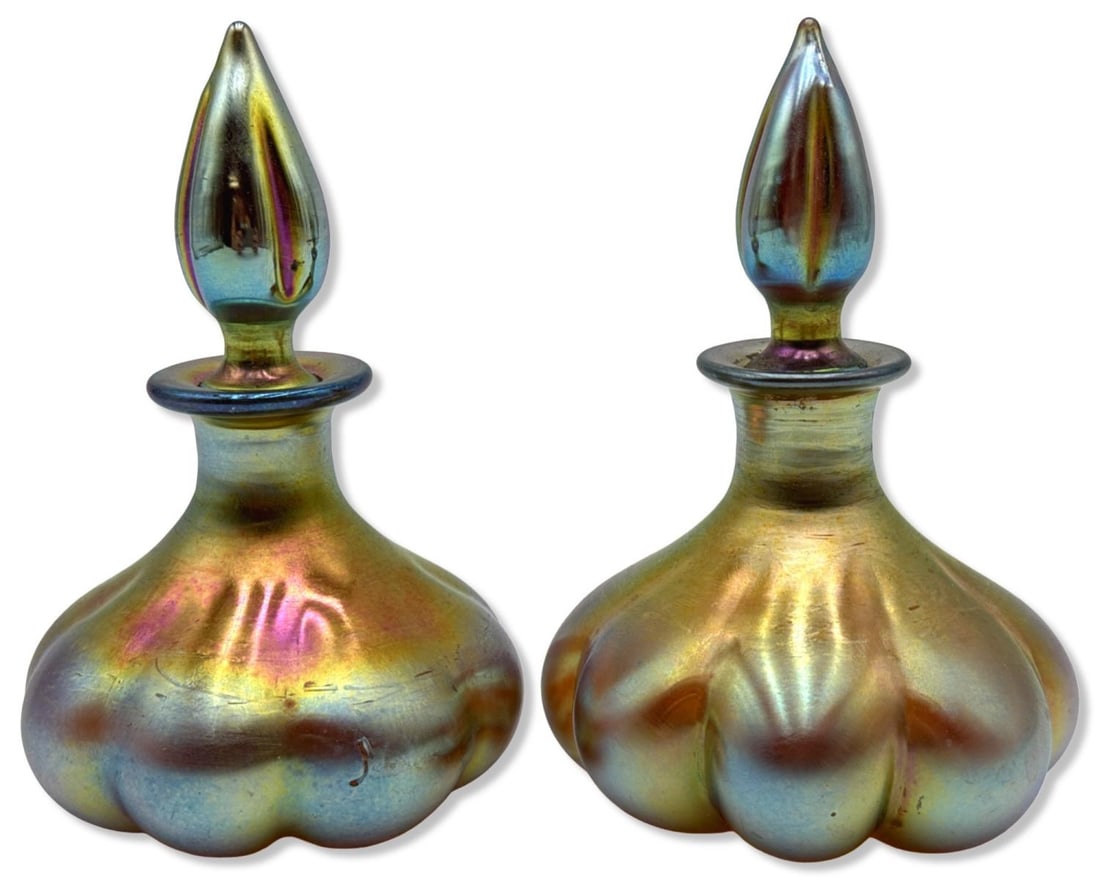 Signed Pair of Steuben Aurene Gold Iridescent Perfume Bottles: Signed Pair of Steuben Aurene Gold Iridescent Perfume Bottles measures H: 4 5/8" x W: 3"