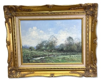 Antique Artist Signed European Oil Painting on Canvas of a Rural Countryside Featuring Cows Grazing