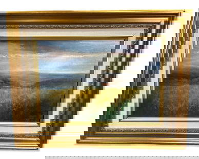 Signed Suzanne Wiggin (American B. 1962) Oil Painting on Panel Ocher Field, 2006: Signed Suzanne Wiggin (American B. 1962) Oil Painting on Panel Ocher Field, 2006. Signed on back, measures H: 6 3/8" x W: 9 3/8", 2 1/8" frame & matte. Includesw Meyer-Munson Gallery label on back. Ar