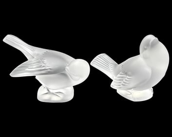Pair of Lalique France Frosted & Clear Crystal Sparrow Figurines