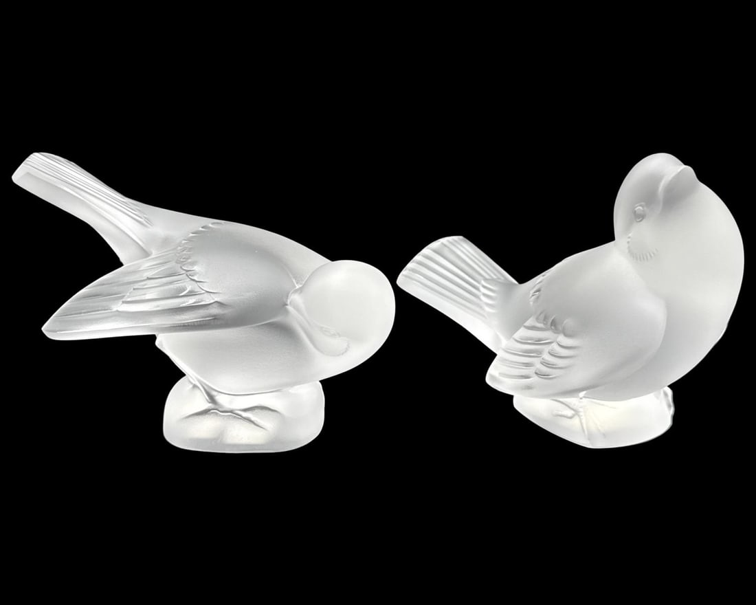 Pair of Lalique France Frosted & Clear Crystal Sparrow Figurines (1 of 3)