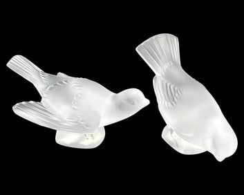 Pair of Lalique France Frosted & Clear Crystal Sparrow Figurines