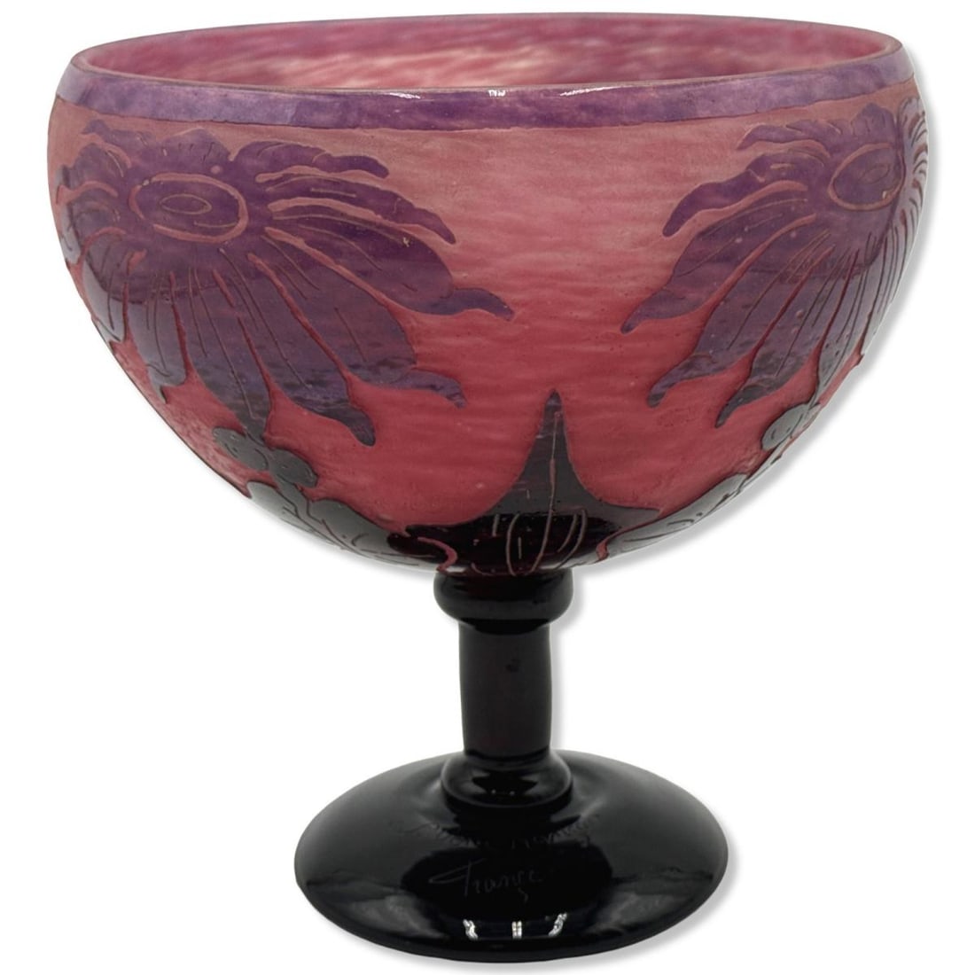 Signed Le Verre Francais Dahlias Centerpiece Coupe: Signed Le Verre Francais Dahlias Centerpiece Coupe measures H: 8 1/4" x DIA: 8". Includes original purchase invoice