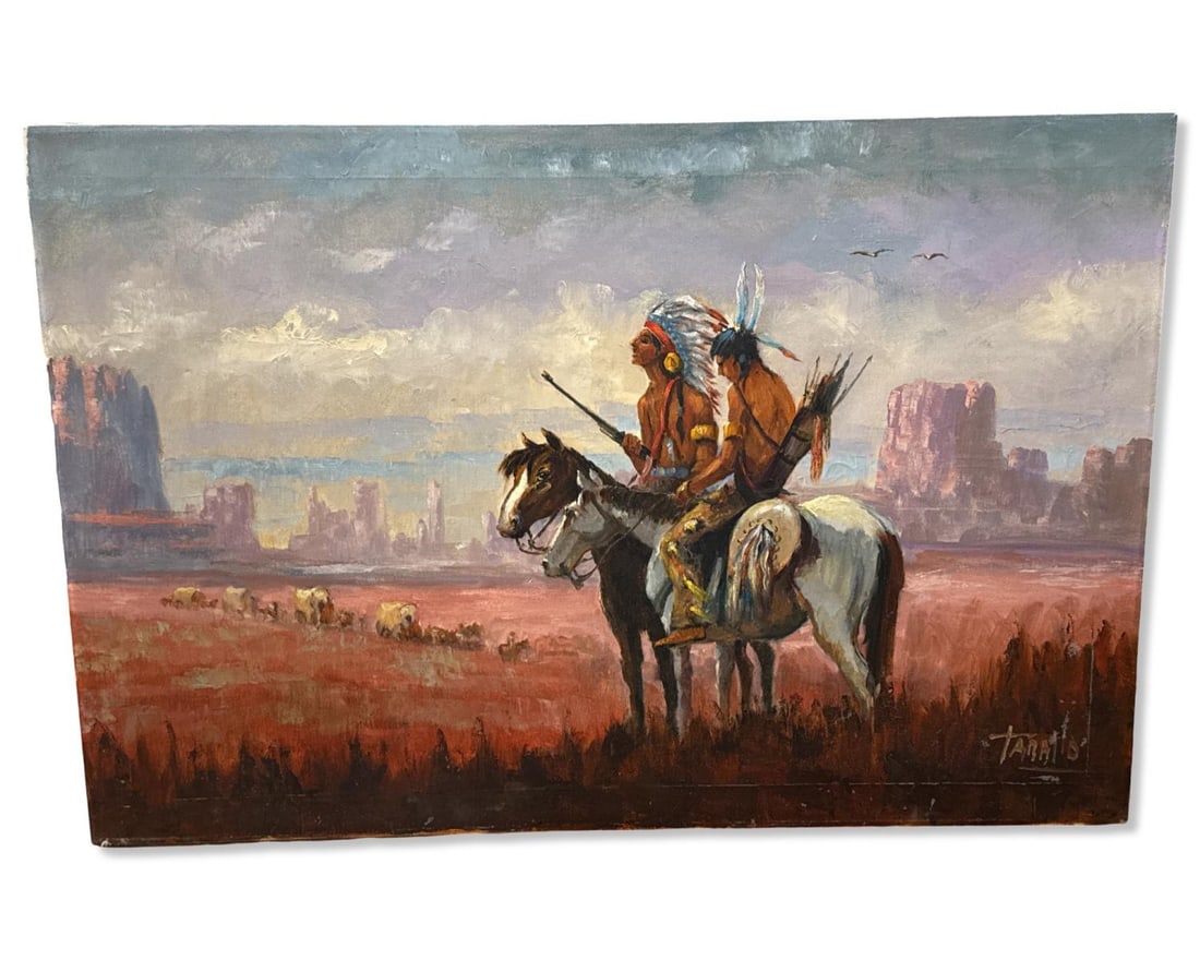 Signed Rodolfo Tarallo (Uruguayan b. 1930) Unframed Oil Painting on Canvas of Native American: Signed Rodolfo Tarallo (Uruguayan b. 1930) Unframed Oil Painting on Canvas of Native American Warriors on Horseback. Signed lower right, measures H: 24" x W: 36"