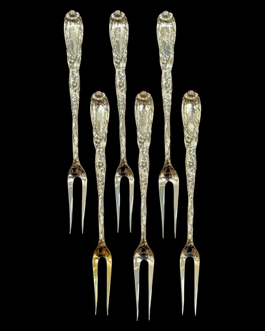 Lot of Six Tiffany & Co. Chrysanthemum Sterling Silver Monogrammed Fruit Forks: Lot of Six Tiffany & Co. Chrysanthemum Sterling Silver Monogrammed Fruit Forks measures L: 6 7/8", weighs approx 6.88 OZT