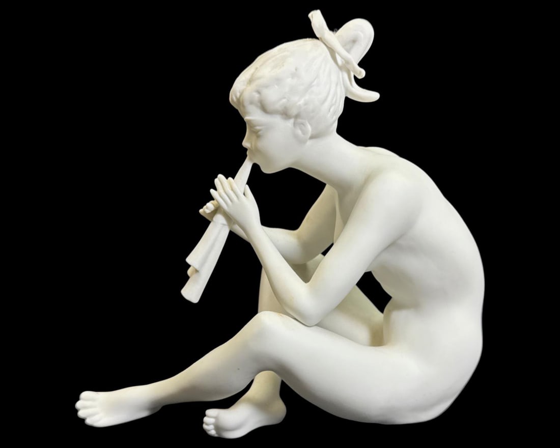 Kaiser 385 Nude Playing Flute White Bisque Porcelain Figure: Kaiser 385 Nude Playing Flute White Bisque Porcelain Figure measures H: 8" x W: 7 1/2"