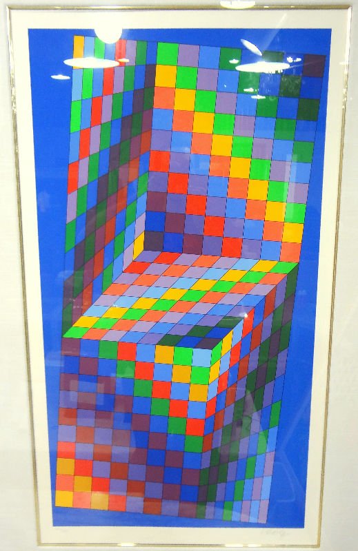Victor Vasarely (Hungarian) Lithograph: Victor Vasarely (Hungarian) Lithograph numbered lower left 103/300 signed lower right, set in a white frame. Measures 38" high x 21" wide, frame - 6 1/2".For Domestic or International Shipping Quotes 