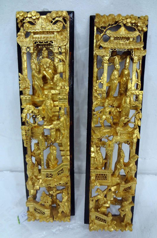 Pair of Chinese Giltwood Figural Plaques: Pair of Chinese Giltwood Figural Plaques. Measures 22 3/4" high x 5 3/4" wide.For Domestic or International Shipping Quotes Please Feel Call Ryan or Dave at Eagle Shipping Center 561-932-0700 or email