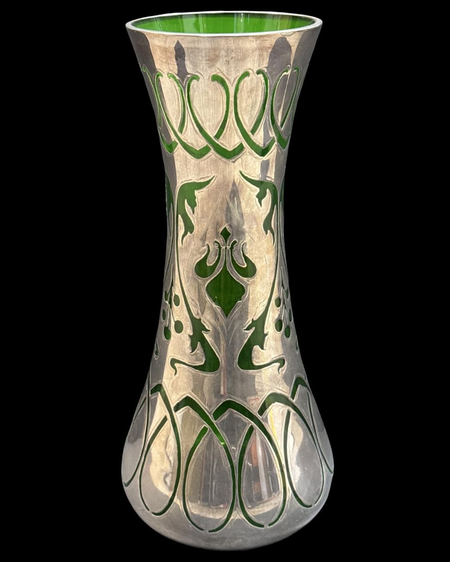 Loetz? Art Nouveau Silver Overlay Green Glass Vase: Loetz? Art Nouveau Silver Overlay Green Glass Vase measures H: 12"
