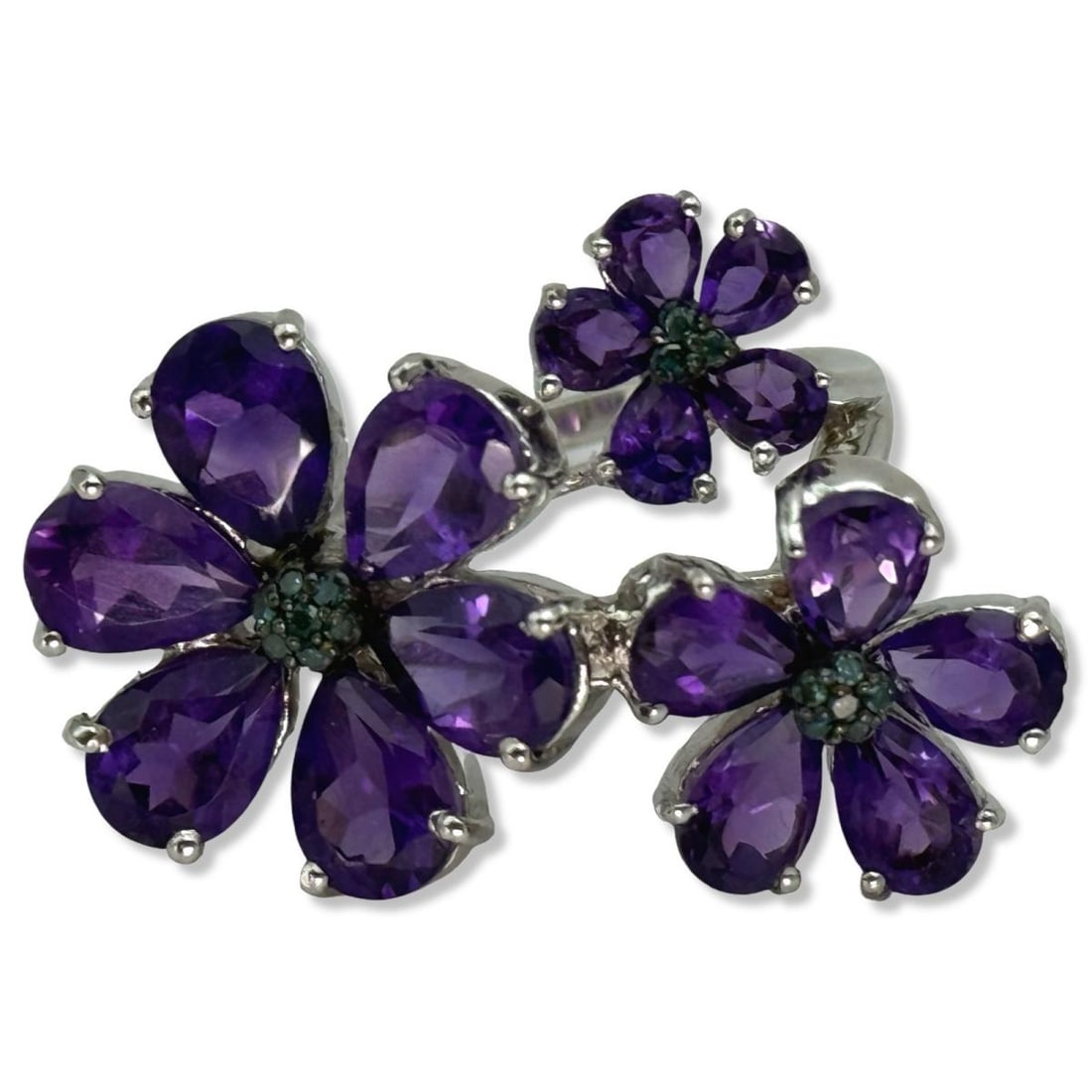 Sterling Silver, Amethyst, & Blue Sapphire Floral Motif Ring (1 of 2)