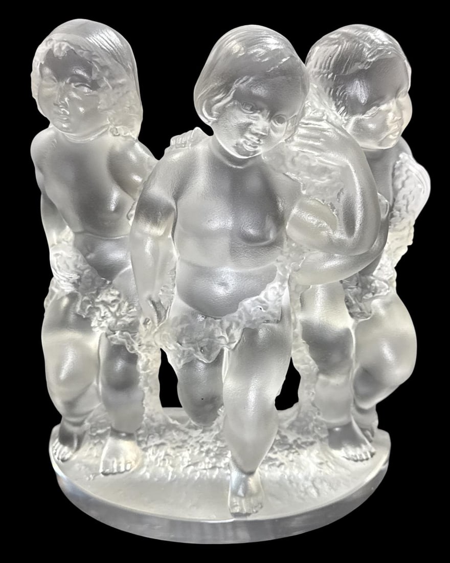 Lalique France Clear & Frosted Crystal Luxembourg Cherubs Figurine: Lalique France Clear & Frosted Crystal Luxembourg Cherubs Figurine measures H: 8" x W: 6 1/2". Has chips on both backside corners, sold as is