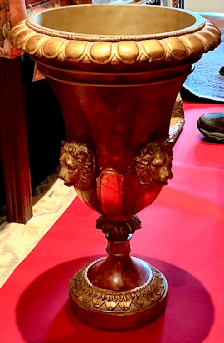 Louis XVI Style Composition Vase Featuring a Lions Head Motif with Gilt Accents Throughout (1 of 1)