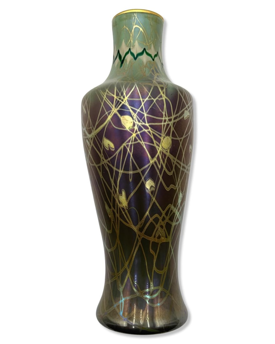 Signed Steuben Tyrian Gold Aurene Vase with Leaf & Vine Motif Throughout