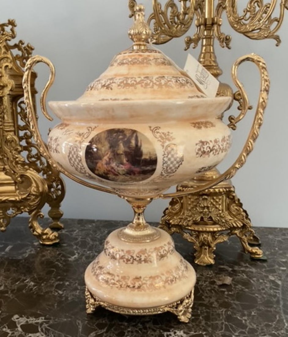 Ornate Decorative Porcelain Lidded Urn Featuring Gilt Bronze & Gold Plated Accents (1 of 1)