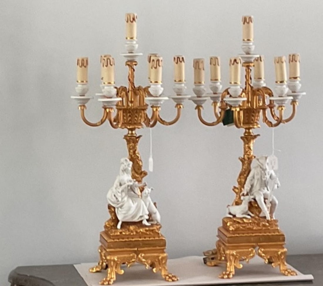 Pair of Gilt Bisque Porcelain Candelabra Lamps: Pair of Gilt Bisque Porcelain Candelabra Lamps H: 29"