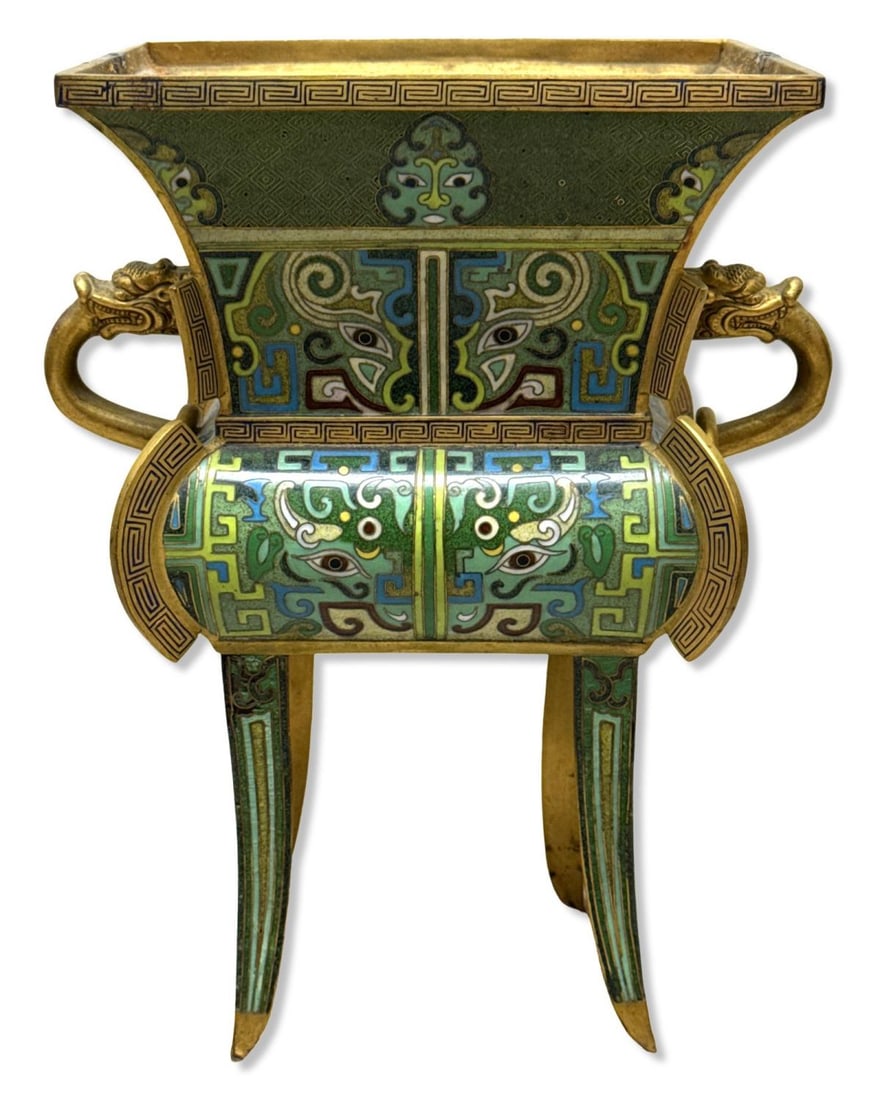 Chinese Cloisonne Enamel Four Legged Censer Featuring Two Dragon Motif Handles (1 of 3)