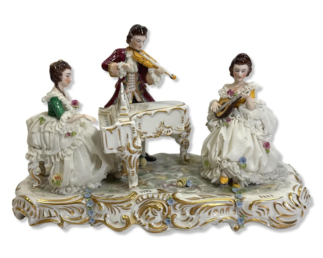 Dresden Porcelain Lace Figurine Group: Dresden Porcelain Lace Figurine Group measures H: 8" x W: 12 1/2". Figurine is missing lace and has damage, sold as is