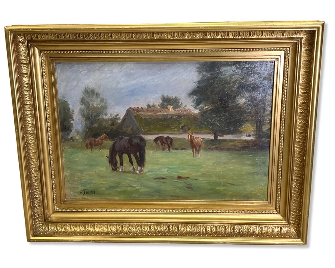 Artist Signed Oil Painting Horses Grazing in a Field (1 of 3)