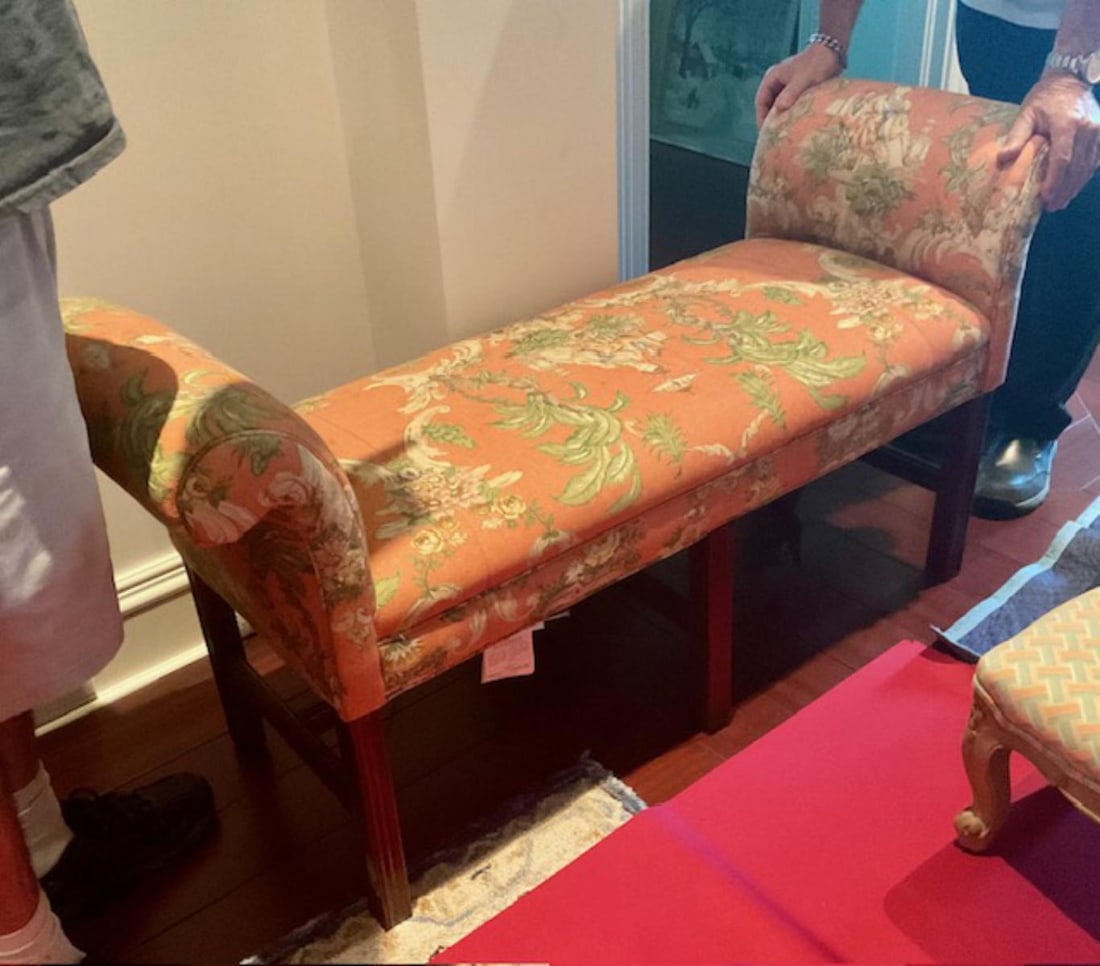 Hollywood Regency Wing Upholstered Bench Featuring Oriental Motif Throughout (1 of 1)