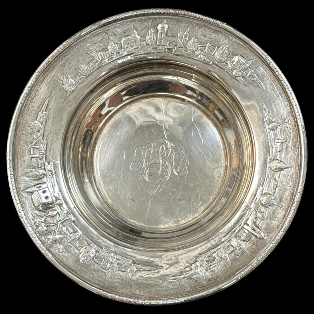 S. Kirk & Son Hand Chased Sterling Silver Monogrammed Bowl Featuring a Rural Landscape (1 of 5)