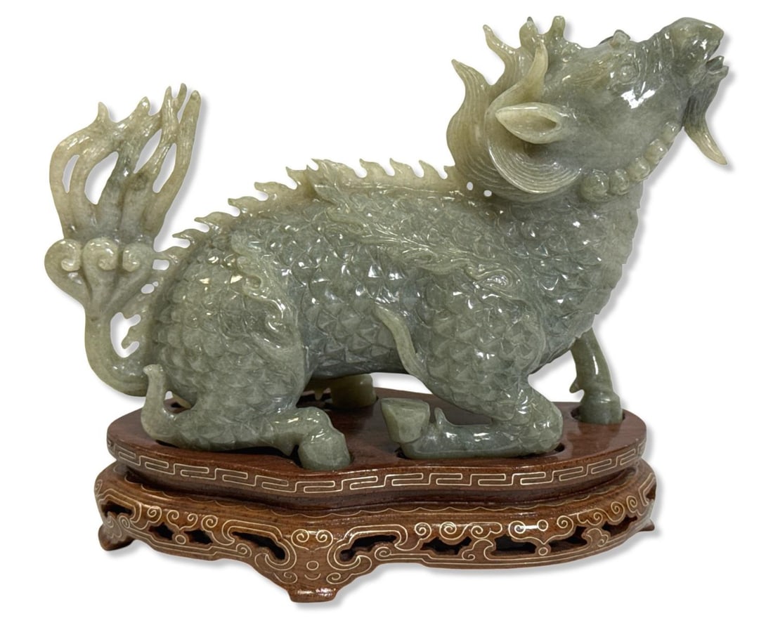 Chinese Carved Jade Dragon Figurine on Wood Base (1 of 2)