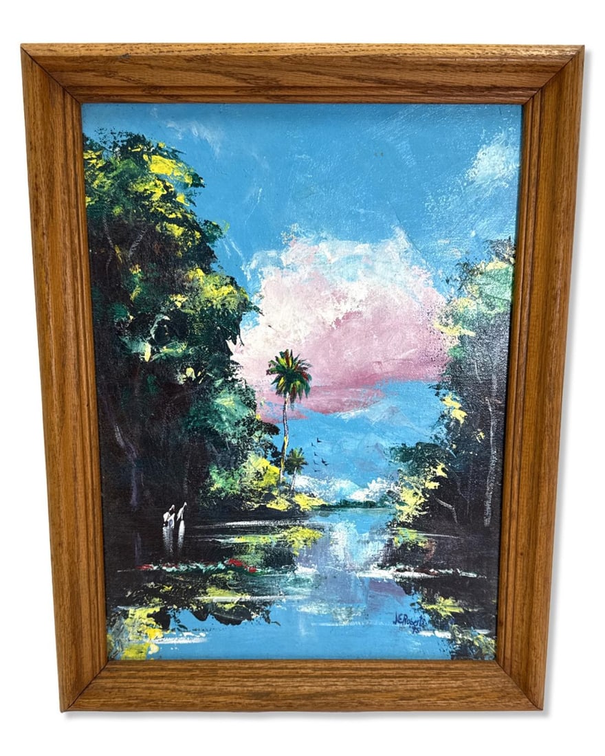 Artist Signed Florida Highwaymen Style Oil Painting on Canvas of a Florida River Scene: Artist Signed Florida Highwaymen Style Oil Painting on Canvas of a Florida River Scene. Signed "JE Roberts" lower right, measures H: 15 1/2" x W: 11 3/8", 1 1/2" frame