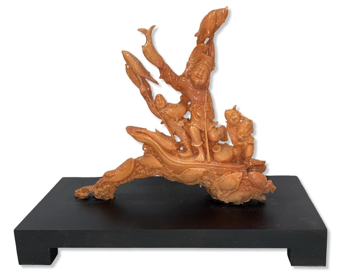 Fine Chinese Carved Coral Figural Group on Carved Wood Stand Depicting Three Immortals (1 of 4)