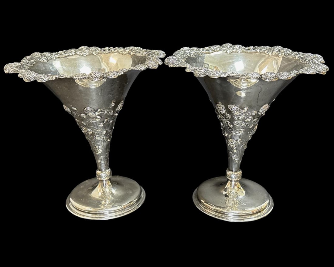 Pair of Rare Tiffany & Co. Sterling Silver Uniquely Hand Chased Matching Berry Motif Vases
