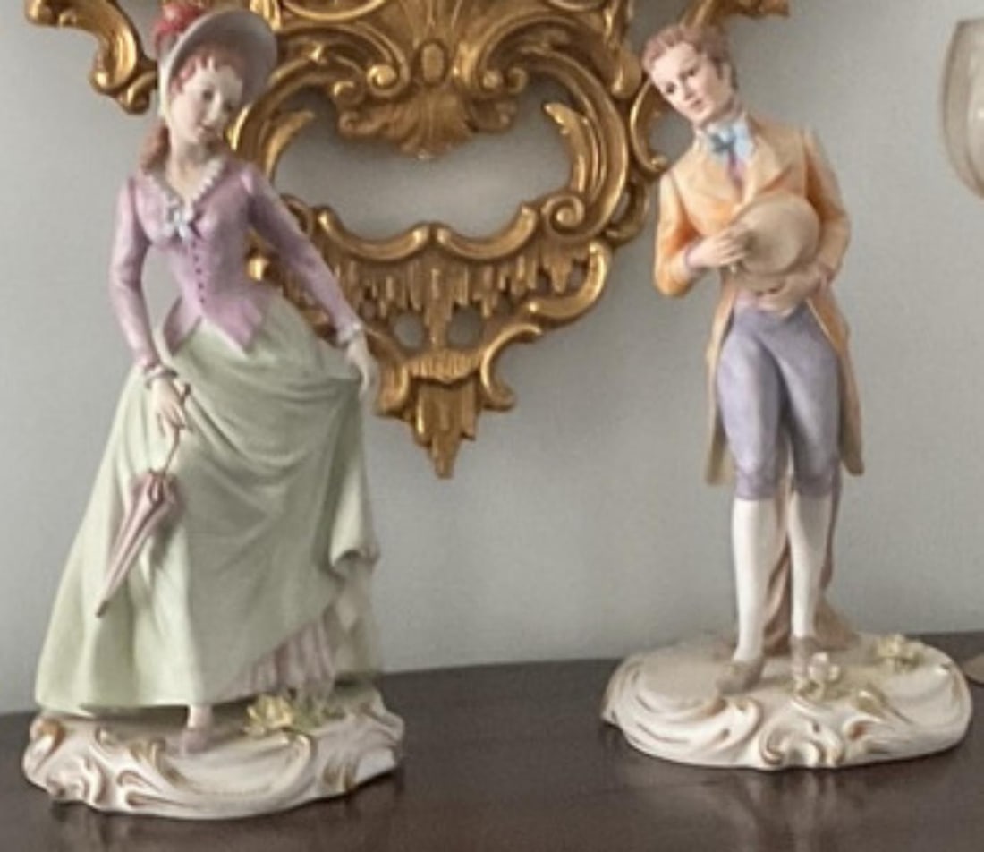 Pair of Vintage Bisque Porcelain Courting Couple Figurines: Pair of Vintage Bisque Porcelain Courting Couple Figurines H: 12"