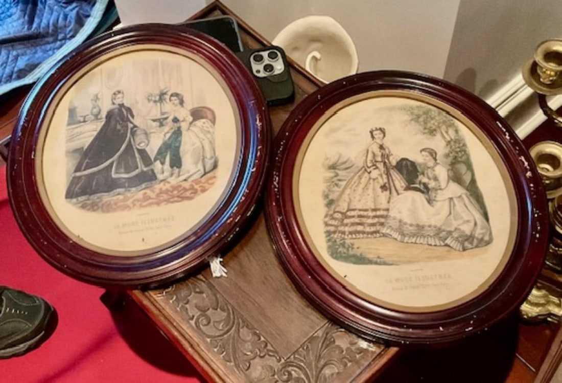 Pair of Round Framed Art Prints from the 19th Century Womens Fashion Magazine (1 of 1)
