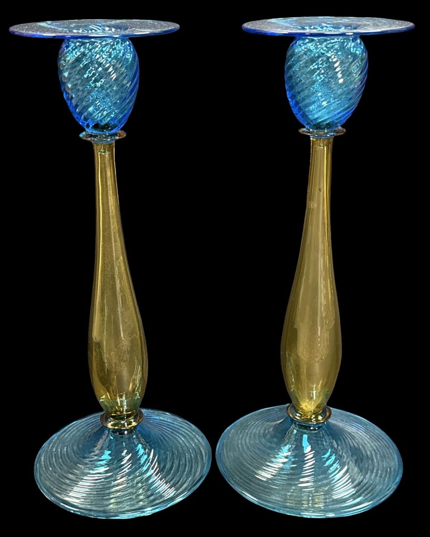 Pair of Carder Steuben Celeste Blue & Amber Spiral Candlesticks (1 of 3)