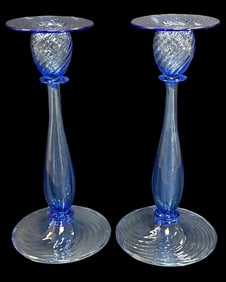 Pair of Carder Steuben French Blue Spiral Candlesticks