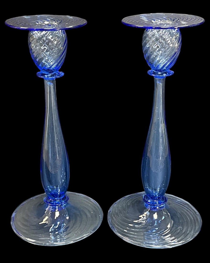 Pair of Carder Steuben French Blue Spiral Candlesticks (1 of 3)