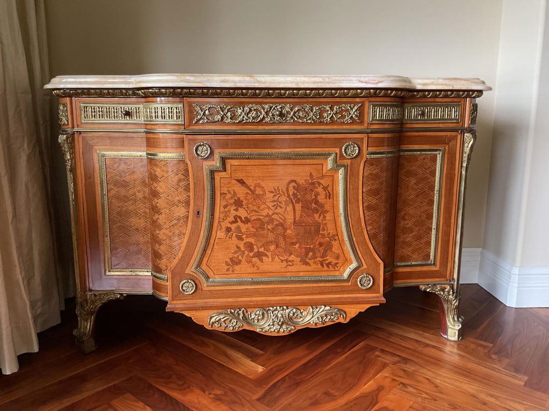 Louis XVI Style Inlaid Marble Top Commode: Louis XVI Style Inlaid Marble Top Commode, parquetry and mahogany, the shaped and veined white marble top over three frieze drawers and shaped and paneled doors, the front of bowed, breakfront form, t