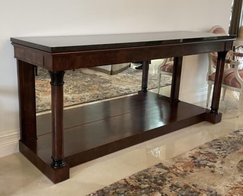 Contemporary Ebonized Wood Console Table with Lower Shelf Rising on Column Like Legs