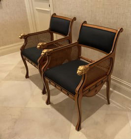 Pair of Empire Style Armchairs with Black Leather Back & Cane Sides with Arms Ending in Gilt Leopard