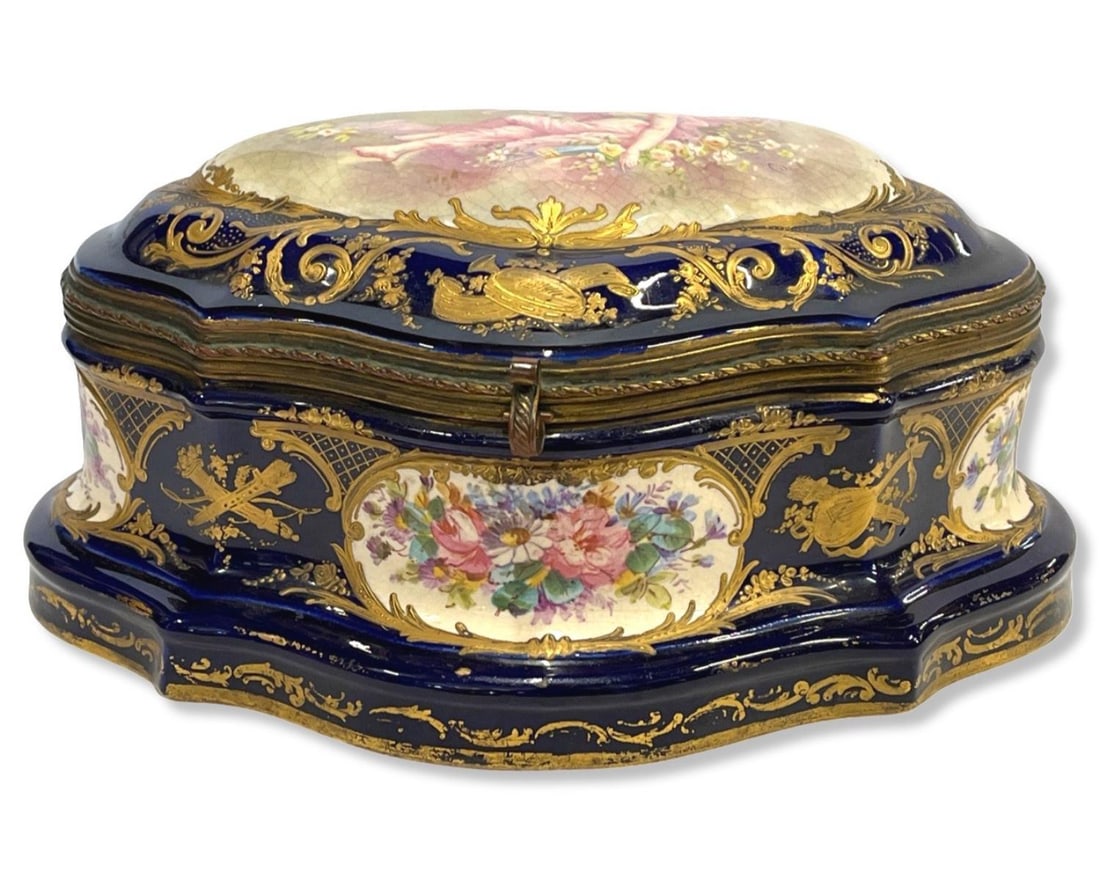 Antique French Sevres Porcelain & Bronze Box: Antique French Sevres Porcelain & Bronze Box measures 5" x 11" x 6"