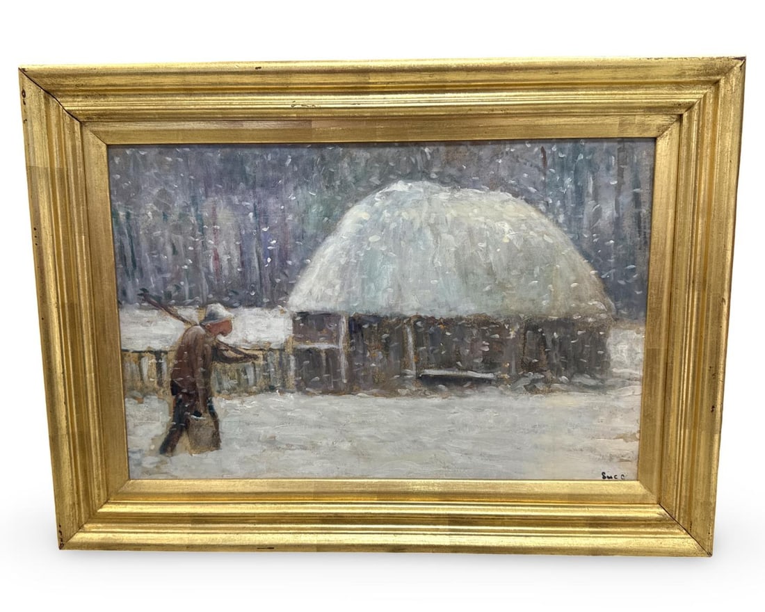 Signed Maximilien Luce (French, 1858-1941) Oil Painting on Board of a Rural Winter Scene: Signed Maximilien Luce (French, 1858-1941) Oil Painting on Board of a Rural Winter Scene. Signed lower right, measures H: 14 1/2" x W: 22 1/4", 3 1/4" frame