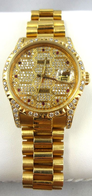 18Kt YG Rolex Men Presidential Watch: 18Kt YG Rolex Men Presidential Watch, diamond & ruby face, 84.95dwt.For Domestic or International Shipping Quotes Please Feel Call Ryan or Dave at Eagle Shipping Center 561-932-0700 or email them at r