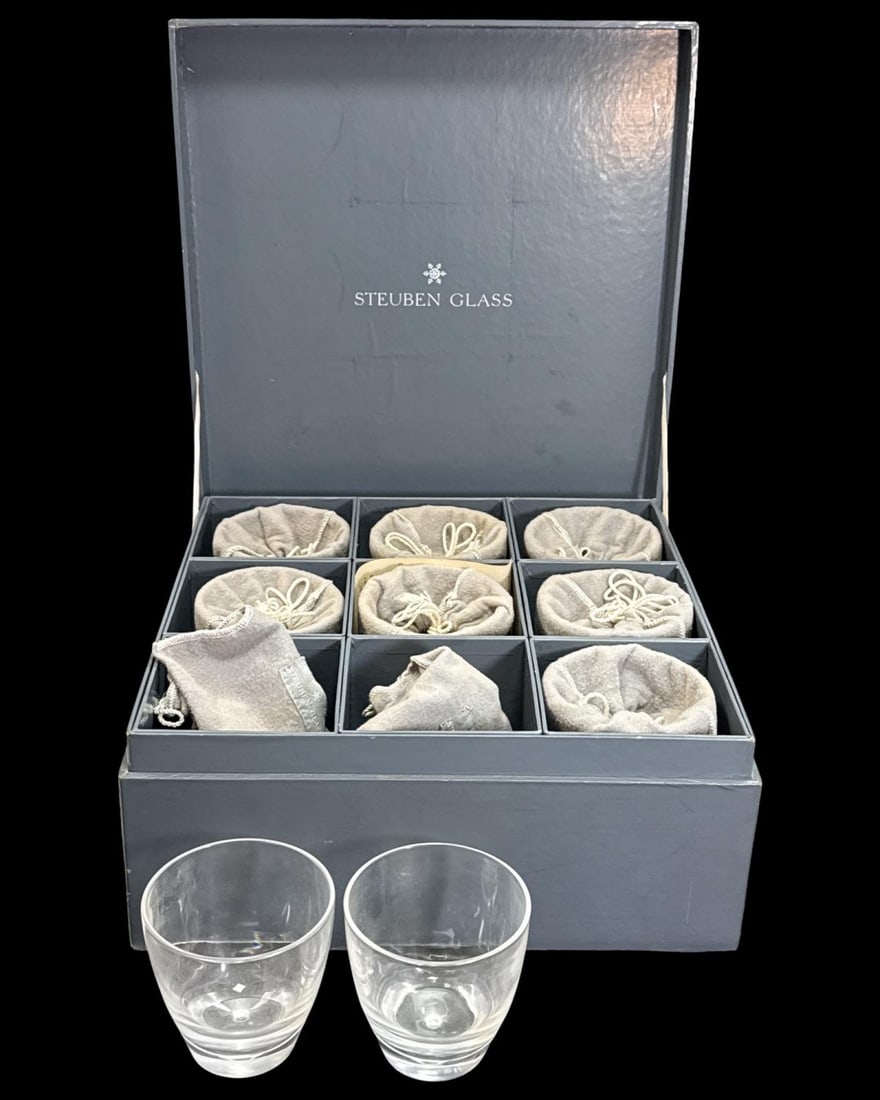 Lot of Nine Steuben Crystal Teardrop Old Fashion Glasses: Lot of Nine Steuben Crystal Teardrop Old Fashion Glasses measures H: 3 3/8" x DIA: 3 1/2". Includes original dust covers and box