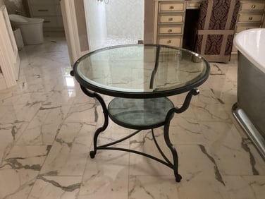 Contemporary Glass Top Round Side Table with Silver Leaf Lower Shelf Over Tripod Base