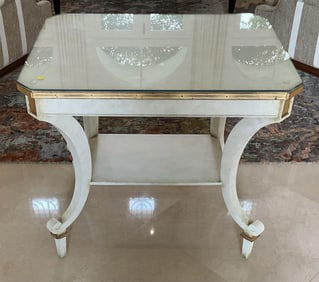 Painted French Style Side Table with Lower Medial Silver Leaf Shelf Joing by Cabriole Legs with