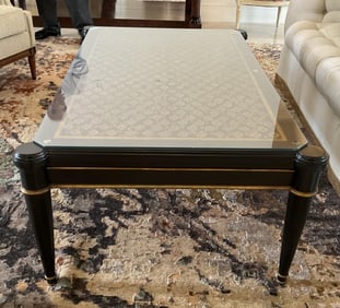 Glass Top Chinoiserie Style Coffee Table with Painted Gold Medallion Pattern