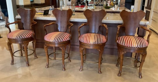 Lot of Four Reproduction Georgian Style Swivel High-back Barstools with Striped Custom Upholstered