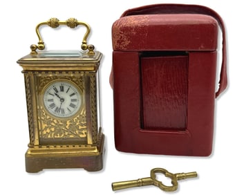 Antique French Ornately Engraved Gilt Brass & Crystal Carriage Clock
