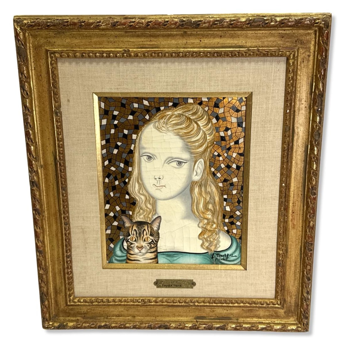 Signed Foussa Itaya (Japanese B. 1919) Oil Painting on Canvas Jeune Fille: Signed Foussa Itaya (Japanese B. 1919) Oil Painting on Canvas Jeune Fille. Signed lower right, measures H: 10" x W: 8 1/8", 4 1/8" frame & matte. Painting has craquelure appearance throughout, sold as