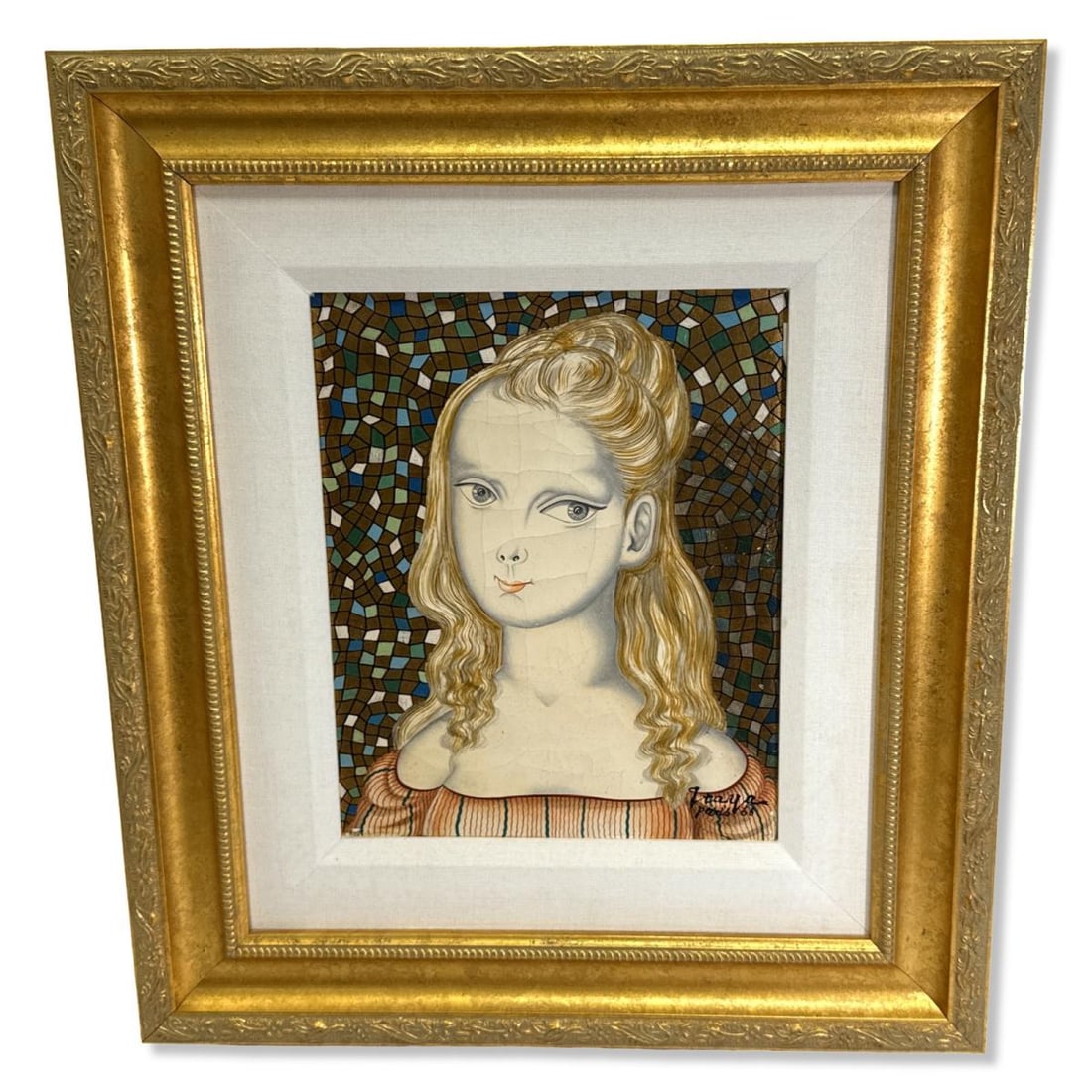Signed Foussa Itaya (Japanese B. 1919) Oil Painting on Canvas of a Woman with Blonde Hair: Signed Foussa Itaya (Japanese B. 1919) Oil Painting on Canvas of a Woman with Blonde Hair. Signed lower right, measures H: 10 1/4" x W: 8 1/4", 3 7/8" frame & matte. Craquelure appearance and minor pa